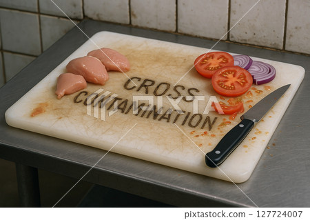 Cross Contamination hazard showing raw chicken and sliced vegetables on a single stained cutting board in a poorly maintained kitchen, violating food hygiene safety standards 127724007