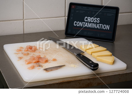 Cross Contamination risk with raw salmon and cheese on the same cutting board using a single contaminated knife in an unsanitary seafood prep zone with visible mold and stains 127724008