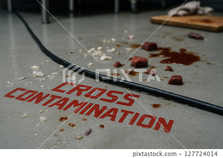 Cross Contamination Hazard Due to Raw Meat and Vegetable Debris on Kitchen Floor With Electrical Cable Contact and Absence of Sanitary Separation Measures Cross Contamination Hazard Due to Raw Meat and Vegetable Debris on Kitchen Floor With Electrical Cable Contact and Absence of Sanitary Separation Measures 127724014