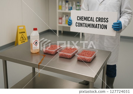 Cross Contamination Incident in Meat Packaging Plant Due to Improper Chemical Bottle Placement and Active Spill Near Raw Ground Beef Trays in Sanitation-Controlled Zone Cross Contamination Incident in Meat Packaging Plant Due to Improper Chemical Bottle Placement and Active Spill Near Raw Ground Beef Trays in Sanitation-Controlled Zone 127724031