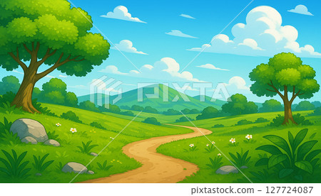 Green hills and paths in a fantasy world reminiscent of a storybook 127724087