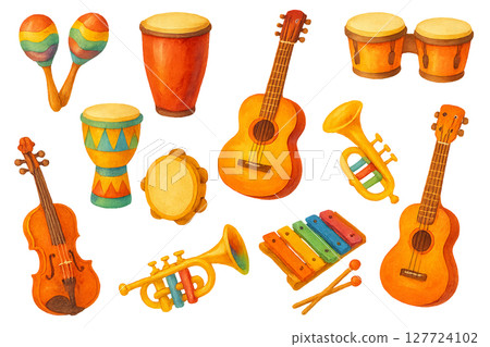 Png set of summer musical instruments with vibrant colors isolated on transparent background. concept of music festival, cultural celebration, joyful entertainment. watercolor design elements Png set of summer musical instruments with vibrant colors isolated on transparent background. concept of music festival, cultural celebration, joyful entertainment. watercolor design elements 127724102
