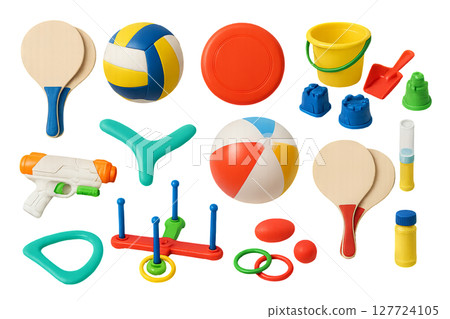 Png set of colorful beach toys and games isolated on transparent background. concept of summer activities, playful outdoor fun, children beach essentials, vibrant holiday playthings Png set of colorful beach toys and games isolated on transparent background. concept of summer activities, playful outdoor fun, children beach essentials, vibrant holiday playthings 127724105