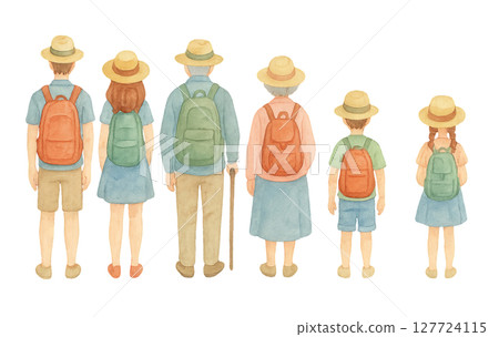 png watercolor set of people of different ages and genders wearing summer clothes and backpacks isolated on transparent background. Concept of travel, family vacation, tourism illustration, clip art 127724115