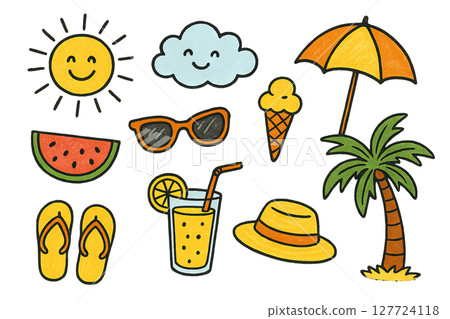 Png set of summer doodles with sun, cloud, ice cream, and tropical elements isolated on transparent background. concept of sunny vacation, holiday symbols, cheerful designs. Png set of summer doodles with sun, cloud, ice cream, and tropical elements isolated on transparent background. concept of sunny vacation, holiday symbols, cheerful designs. 127724118