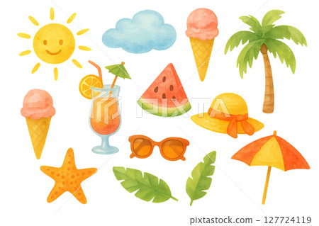 Png set of playful summer icons with sun, clouds, ice cream, watermelon, palm tree, sunglasses, and beach umbrella isolated on transparent background. concept of vacation, fun, leisure design 127724119
