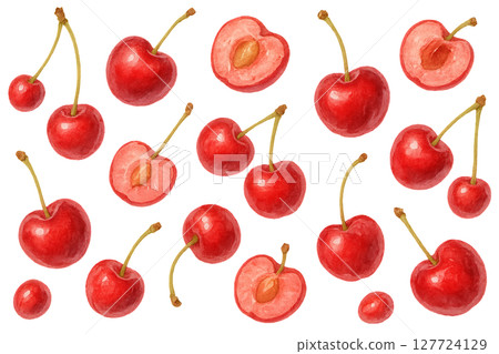 PNG watercolor set of sweet red cherries whole and halved isolated on transparent background. Concept of summer fruit, healthy food ingredient, botanical clip art for design and packaging 127724129