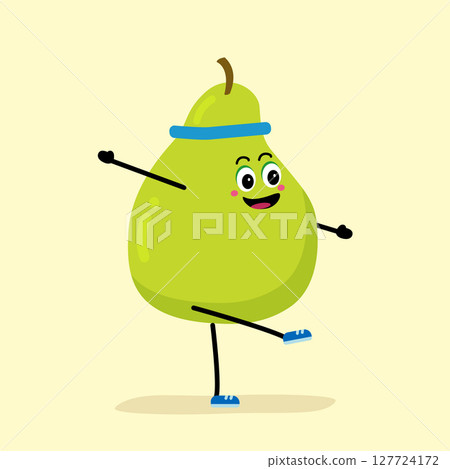 Cute strong pear character meditate in yoga pose. Cartoon pearn gym, health, fitness yoga meditate concept. 127724172