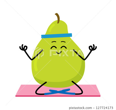 Cute strong pear character meditate in yoga pose. Cartoon pearn gym, health, fitness yoga meditate concept. 127724173