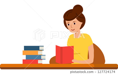 The student is learning. large pile of books on them sits young woman. The student is learning. large pile of books on them sits young woman. 127724174