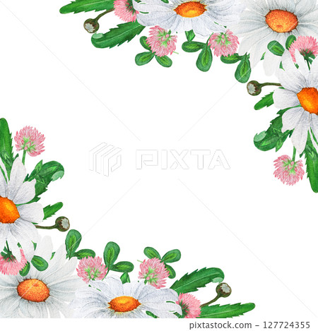 Watercolor corner frame of chamomile and herbs. Design of greeting cards, invitations Watercolor corner frame of chamomile and herbs. Design of greeting cards, invitations 127724355