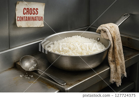Cross Contamination hazard in foodservice line with stained kitchen cloth in direct contact with hot rice in saute pan, violating hygiene protocols in industrial environment Cross Contamination hazard in foodservice line with stained kitchen cloth in direct contact with hot rice in saute pan, violating hygiene protocols in industrial environment 127724375