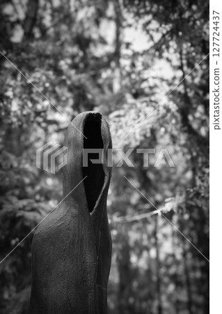 Dark hooded figure sculpture with an empty void for a face, representing concepts of anonymity, fear, and the unknown in a blurred forest background 127724437