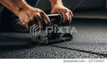Professional construction worker hands guiding an asphalt tamper on dark textured surface 127724457