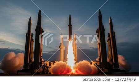 Powerful military missile launching from a base with other rockets standing by 127724479