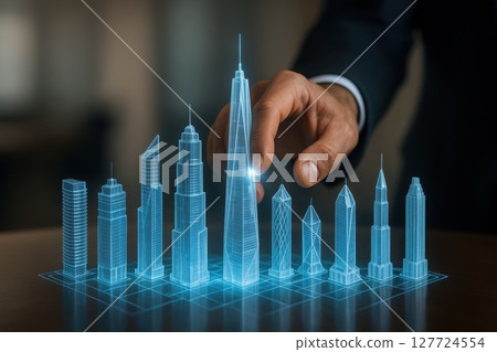 Businessman hand interacting with glowing digital blueprint of futuristic city skyscrapers and buildings Businessman hand interacting with glowing digital blueprint of futuristic city skyscrapers and buildings 127724554