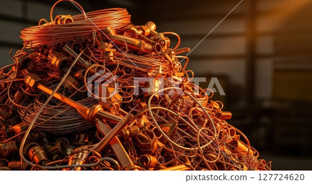 Large heap of gleaming copper metal scrap with twisted wires and fittings in industrial setting 127724620