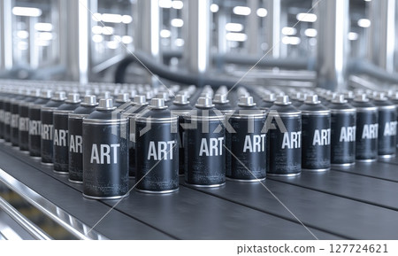 Numerous matte black aerosol cans with art label moving on a factory conveyor belt production line 127724621