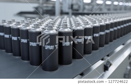 Numerous matte black aerosol spray cans with chrome caps moving on a factory production line 127724622