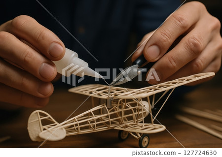 Close up of a skilled artisan hands meticulously assembling a balsa wood model airplane with glue and pliers 127724630
