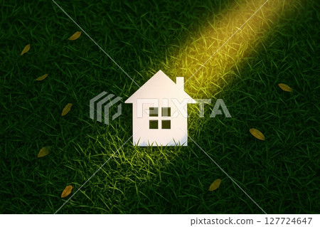 Minimalist white paper house on lush green grass with a bright golden light ray 127724647