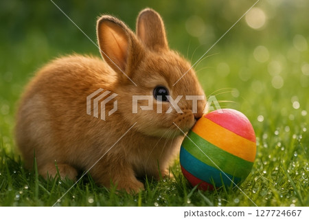 Cute fluffy brown rabbit gently nudging a brightly colored easter egg on dew kissed green grass 127724667