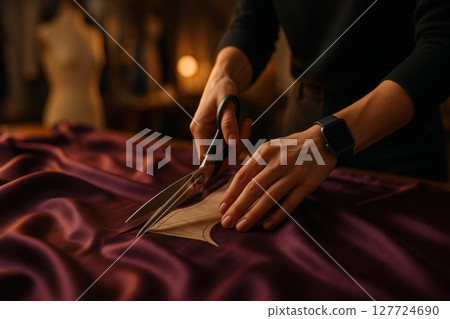 Skilled hands of a fashion designer meticulously cutting a clothing pattern on elegant silk fabric 127724690