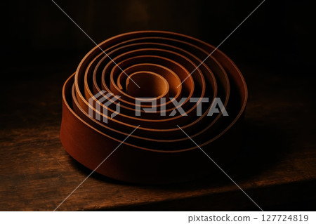 Evocative close up of meticulously arranged spiral of artisanal brown leather strips on dark wood. 127724819