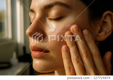 Radiant woman with closed eyes applying shimmering beauty product to her face for healthy skin glow 127724874