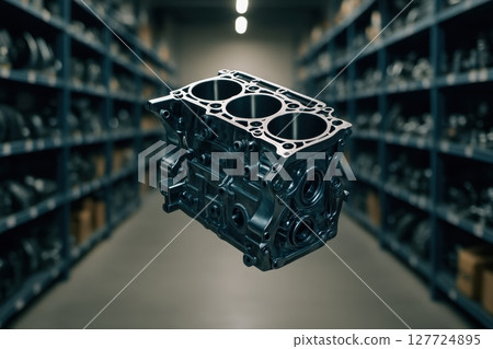 Highly detailed metallic car engine block floating in a modern automotive parts warehouse 127724895