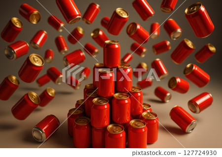 Dynamic arrangement of red soda cans with gold tops, some stacked in a pyramid, others floating 127724930