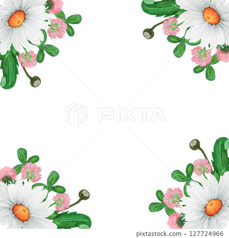 Watercolor corner frame of chamomile and herbs. Design of greeting cards, invitations 127724966