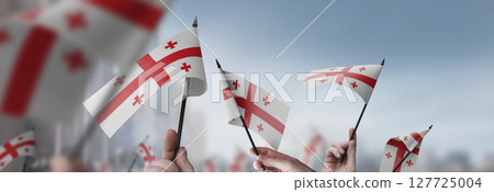 Georgia flags in their hands on a blurred urban background 127725004
