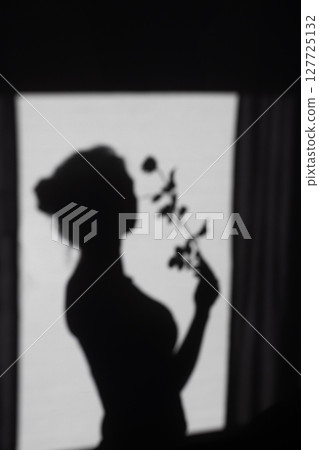 Mysterious and artistic blurry silhouette shadow of a graceful young woman holding a delicate flower, symbolizing feminine elegance, quiet contemplation, and inner peace 127725132