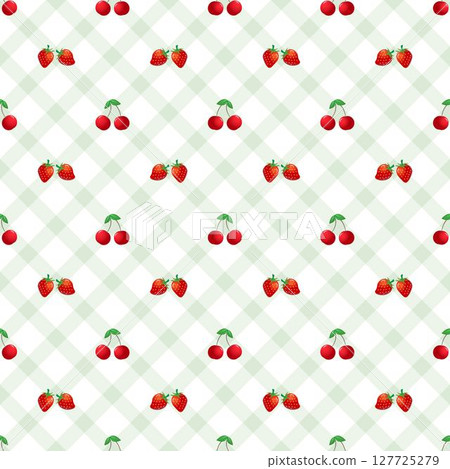 Abstract soft green diagonal lines or diamond shapes and red cherries and strawberries seamless pattern design on white background, for background, wallpaper or printing. Abstract soft green diagonal lines or diamond shapes and red cherries and strawberries seamless pattern design on white background, for background, wallpaper or printing. 127725279