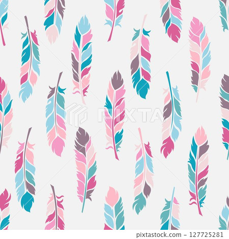 Seamless pattern of stylized feathers in various color mix of pink, teal, blue, and gray hues on white background, suitable for fabrics, wallpaper, or other decorative application.  127725281
