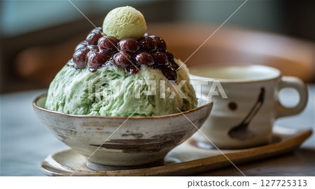 Fluffy matcha-flavored shaved ice topped with matcha ice cream and bean paste is served at a Japanese cafe. 127725313