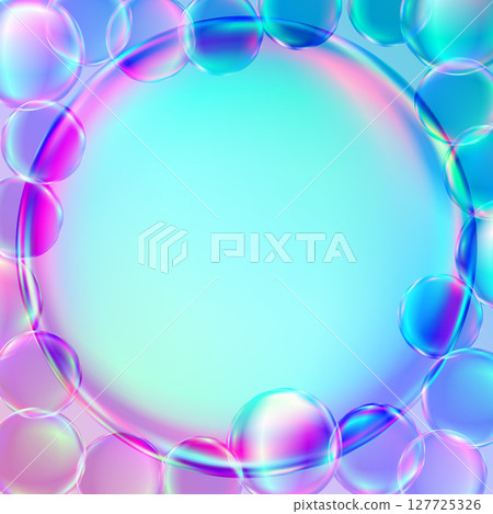 Soap bubbles floating on a light blue background 127725326