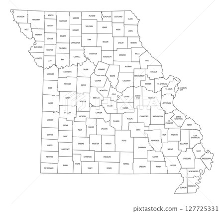 State of Missouri, subdivided into 114 counties and independent city of St. Louis, political map. State in the Midwestern region of the United States, nicknamed Show Me State, and Mother of the West. State of Missouri, subdivided into 114 counties and independent city of St. Louis, political map. State in the Midwestern region of the United States, nicknamed Show Me State, and Mother of the West. 127725331