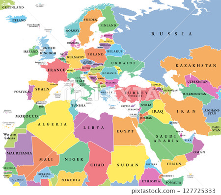 Europe, Middle East, and North Africa, multi colored political map. Overview of the continent Europe, the geopolitical region Middle East, and the northern portion of the African continent. Vector 127725333
