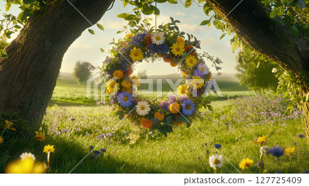 Vibrant floral wreath hanging in sunny meadow 127725409