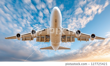 Impressive aerial view of commercial airplane against vibrant sky 127725421