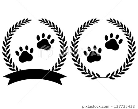 Cat paw print and laurel wreath emblem, monotone Cat paw print and laurel wreath emblem, monotone 127725438