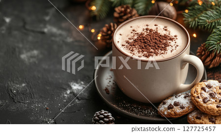 Christmas hot chocolate in a beige mug with cocoa powder, served with chocolate chip cookies and festive pine decorations. Cozy winter drink. Holiday atmosphere. 127725457
