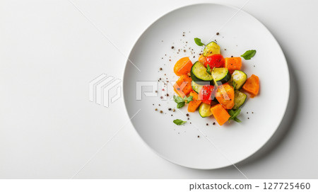 Colorful mixed vegetable salad with zucchini, bell pepper, and tomato pieces served on a white plate. Fresh and vibrant dish. Isolated on white background. Colorful mixed vegetable salad with zucchini, bell pepper, and tomato pieces served on a white plate. Fresh and vibrant dish. Isolated on white background. 127725460
