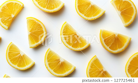 Lemon slices arranged in a seamless pattern on a white background. Fresh citrus wedges with vibrant yellow color and visible pulp. Minimal food concept. Lemon slices arranged in a seamless pattern on a white background. Fresh citrus wedges with vibrant yellow color and visible pulp. Minimal food concept. 127725461