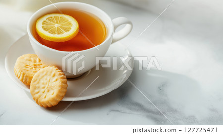 Cup of black tea with lemon slice served on a saucer with two shortbread cookies on a white marble surface. Warm and cozy drink. Simple teatime. Cup of black tea with lemon slice served on a saucer with two shortbread cookies on a white marble surface. Warm and cozy drink. Simple teatime. 127725471