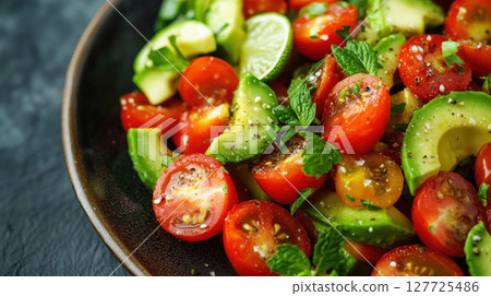 Fresh avocado and cherry tomato salad with lime, mint, and herbs served on a dark ceramic plate. Healthy summer dish with vibrant colors and natural ingredients. 127725486