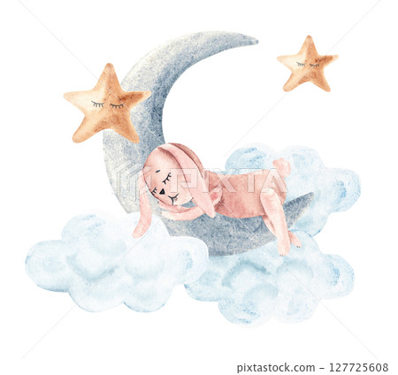 Watercolor cute rabbit sleeps on moon with clouds and stars. Hand drawn illustration in vintage style. Watercolor cute rabbit sleeps on moon with clouds and stars. Hand drawn illustration in vintage style. 127725608