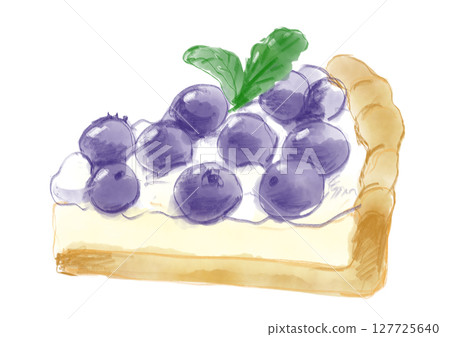 A hand-drawn watercolor illustration of a delicious, homemade blueberry tart 127725640